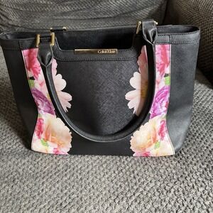 Calvin Klein Saffiaon Leather Purse Black Pink Flowers Floral Beautiful‎ Handbag